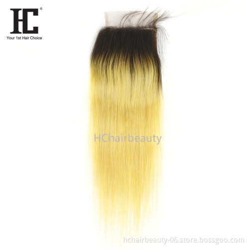 Brazilian Straight Hair Bundles With Closure Dark Roots Ombre Bundles With Closure Ombre Yellow Remy Human Hair